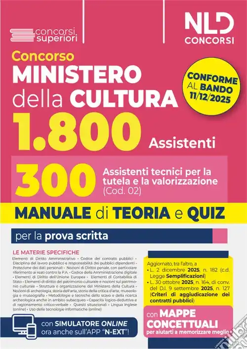 Non Perdere Concorso Ministero della Cultura 1800 posti. 300 assistenti tecnici per la tutela e la valorizzazione del patrimonio culturale (Cod. 02). Manuale di Teoria e quiz